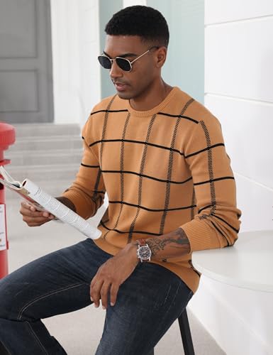 Magcomsen MCS-L20M256-279-CAMEL-M Men'S Pullover Sweaters Knit Cotton Sweater Casual Plaid Sweater Crew Neck Sweater Winter Pullovers Soft Warm Sweaters Camel thumb #1