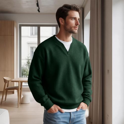 Waffle Long Sleeve Men V Neck Fake 2 Piece Casual Layered Shirt Fall Outfit - image 2