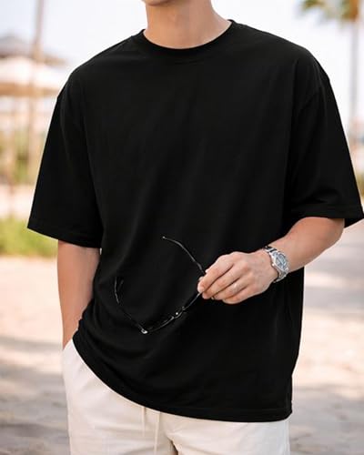 Image of BARKEYO Men's Half Sleeve Round Neck French Terry Oversized Drop Shoulder T-Shirt for Men