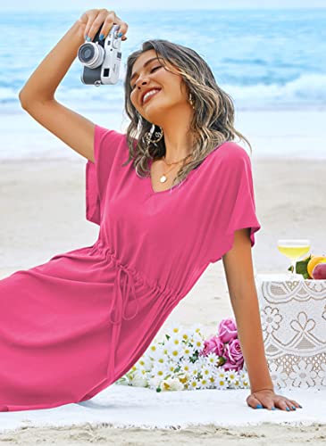 Image of Ekouaer Womens Swimsuit Coverup Short Sleeve Beach Cover Up Dress V Neck Bikini Beachwear