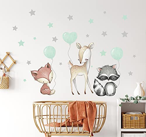 Pandawal Wall Tattoo Forest Animals with Balloon Stars Animals Wall Sticker Nursery Decoration Murals Baby Deer Fox Raccoon Mint - Image 2