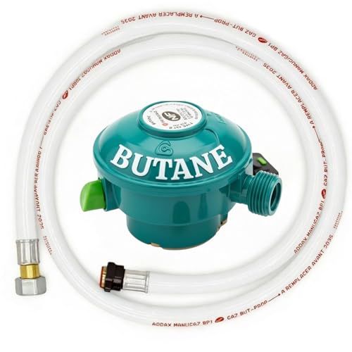 Générique Détendeur Quick-on Butane 28 mbar – Compatible Twiny (Primagaz), Elfi (Butagaz), Malice & Calypso (Antargaz) – Non Compatible Cube/Viséo/Propane (Détendeur + Flexible à vis, 2, Kit)
