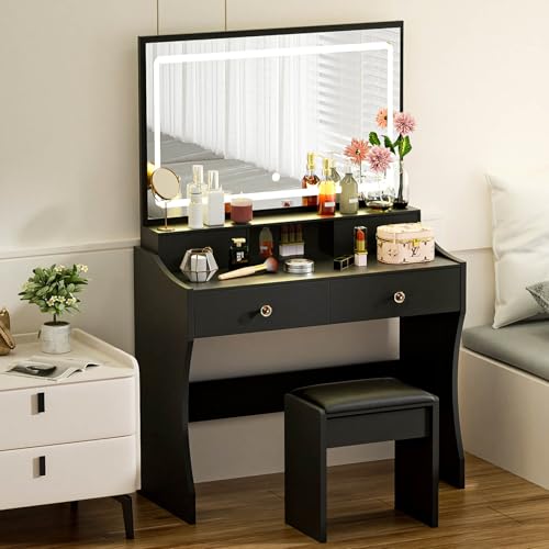 Image of COMHOMA Vanity Desk with LED Lights Mirror & Power Outlet, Small Makeup Vanity Table Set with 5 Storage Drawers, 3 Lighting Modes & Adjustable Brightness, Dressing Table for Women Girls Bedroom, Black