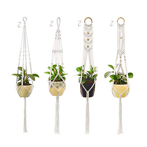 BEYAOBN 4pcs Macramé Planta,Colgante de Plantas Maceta Cuerda de Algodón Titular,Tejido Manual Cuerda para macetas con 4 Ganchos para Colgar Canasta para Jardín Decoraciones de Pared,Blanco