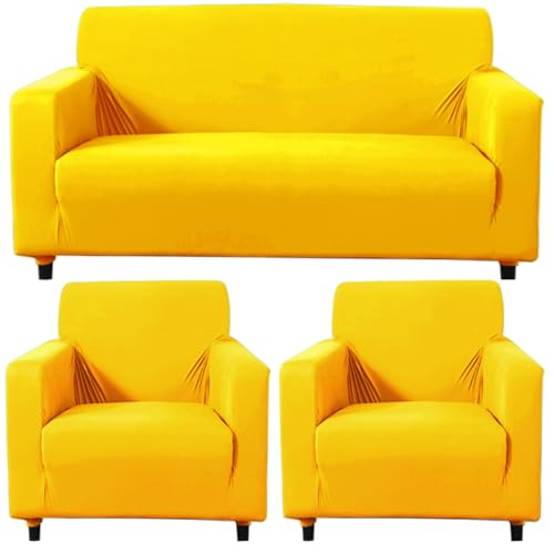 Image of HOKIPO Polyester 140 GSM Fully Covered Sofa Cover 5 Seater, Sunny Yellow (AR-4277-E20*2 + AR-4279-E20)