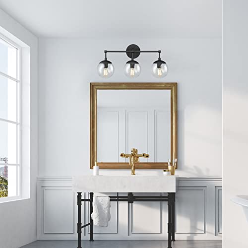 Image of Design House Gracelyn Matte Black 3-Light Bathroom Vanity Light, Clear Seedy Glass Globes, Dimmable, 24 in. W, 588889-BLK