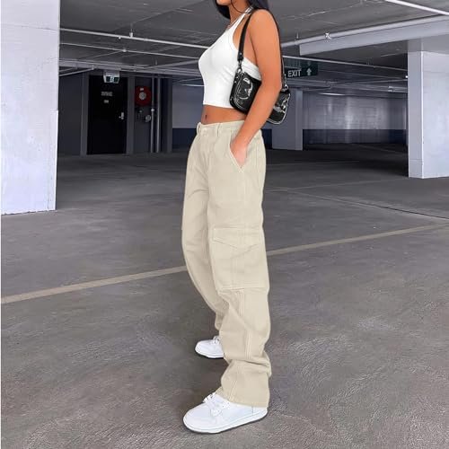 Image of Lepunuo Cargo Pants for Women High Waisted Casual Pants Baggy Stretchy Wide Leg Y2K Streetwear with 6 Pockets
