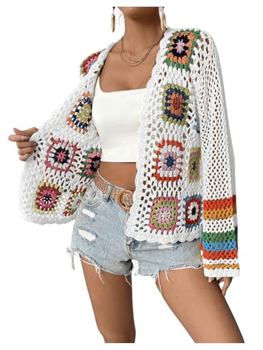 Image of SHENHE Women's Floral Crochet Cardigan Hollow Out Open Front Long Sleeve Cardigan Sweater