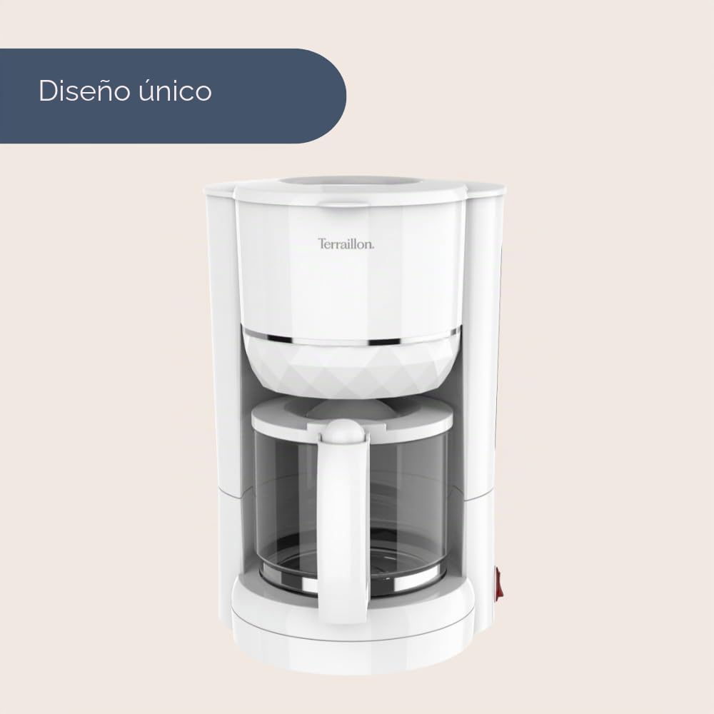 Terraillon – Cafetera de filtro eléctrico DIAMANTE BLANCO – Jarra de cristal – 980 W – Capacidad 1,25 L – Mantiene el calor – Indicador de nivel de agua – Función antigoteo – Base en relieve efecto