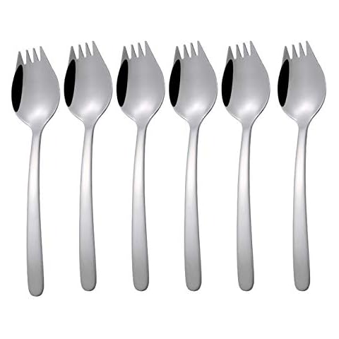 MBB Silver Sporks Salad Fork Noodle Spoon Stainless Steel Long Handle Multifunctional 8 inch Length Pack of 6 Cover