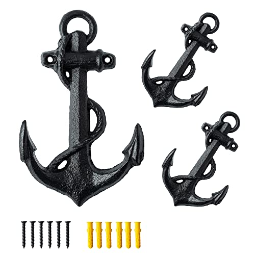 SMKOLIN 3 Pcs Cast Iron Anchor Hooks 6 1/3'' Decorative Wall Hooks Vintage Coat Towel Hat Hooks Antique Black