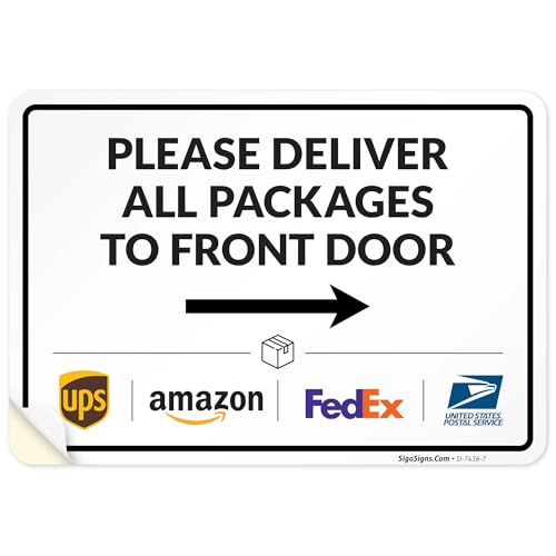 Image of Package Delivery Sign, Delivery Instructions Deliver All Package to Front Door Right Arrow Sign, 10x7 Inches, 4 Mil Vinyl Decal Stickers Weather Resistant, Made in USA