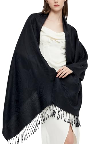 Gragengs Pashmina - Bufanda con diseño étnico de cachemira, dos tonos, jacquard, para mujer, Paisley negro, Talla única