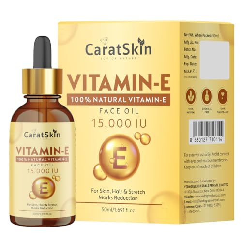 Image of CaratSkin Vitamin E Oil 50ml | 15000 IU High Potency | 100% Natural | Moisturizing Oil for Hair & Skin | Helps Reduce Stretch Marks, Fine Lines & Wrinkles | Restores Glow & Skin Elasticity | For All Skin Types