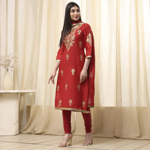Image of BIBA Women Poly Chanderi Straight Printed Suit Set