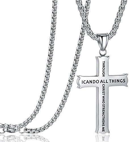 Rehoboth Bible Verse Cross Pendant Necklaces for Men Women Philippians 4:13 Strength Bible Verse I CAN DO All Things Stainless Steel 24 Inch Chain