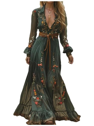 ORANDESIGNE Damen Langes Boho Kleid Vintage Rustikaler Stil V-Ausschnitt...