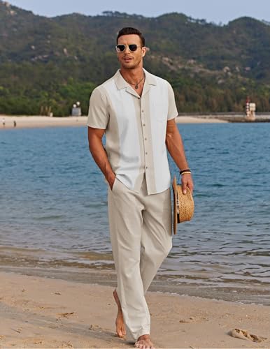 COOFANDY Men 2 Piece Linen Outfit Beach Button Down Shirt Casual Loose Pant Sets4