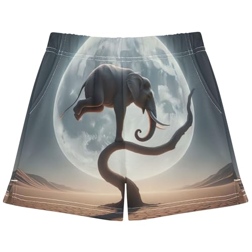 Girls Athletic Lounge Shorts Elephant Moon Silhouette Print Comfy Summer Floral Youth Pajama Activewear, X-Small