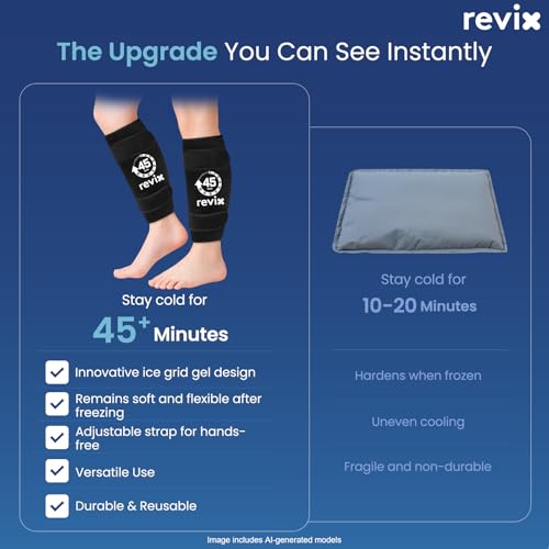 Image of REVIX Calf Ice Packs, 45-Min Long Lasting Ice Packs for Injuries Reusable | Shin Splints Relief Gel Cold Packs with Ice Grid Design, Cold Therapy Compression Sleeves for Calf, Leg, Arm Pain, 2 Packs