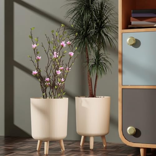 Image of StyleX Store Modern Flower Pot with Plastic Legs | Indoor Outdoor Planter for Home Garden Balcony Decor Ribbed Design Sturdy Plastic Mid-Century Style (Warm Beige Pack of 2)
