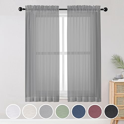 Image of OWENIE Gray Sheer Curtains, Sheer Curtains 63 inch Length 2 Panels Set, Rod Pocket Voile Fimly Sheer Drapes for Living Room /Bedroom, 2pcs, Each 42 inch W x 63 inch L