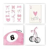 okaxscm Pink Coquette Trendy Preppy Wall Art Prints Set of 4, Coquette Room Decor, Preppy Room Decor Aesthetic, Pink Bow Disco 8 Ball Cherry Wall Decor Posters for Girls Bedroom Dorm, 10x10 Unframed