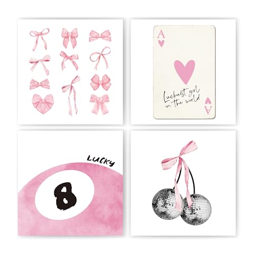 okaxscm Pink Coquette Trendy Preppy Wall Art Prints Set of 4, Coquette Room Decor, Preppy Room Decor Aesthetic, Pink Bow Disco 8 Ball Cherry Wall Decor Posters for Girls Bedroom Dorm, 10x10 Unframed