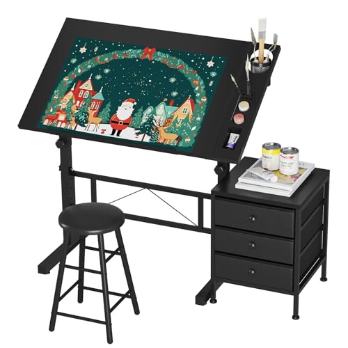Dripex Adjustable Drafting Table Tiltable Drawing Table with Stool Art Craft Desk with Storage Drawers for Artwork Computer Desk for Reading Writing and Working at Home and in the Office Black