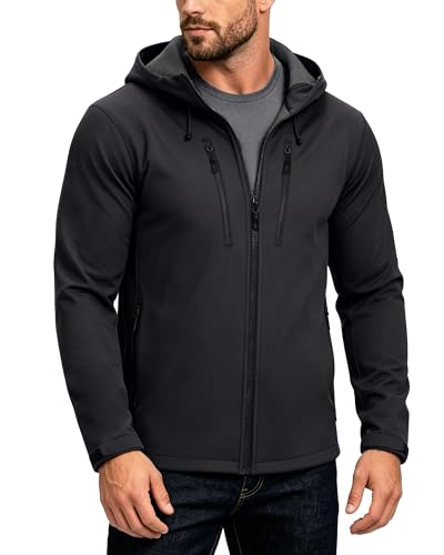 Image of 33,000ft Men's Waterproof Softshell Jackets Lightweight Fleece-Lined Running Jacket Breathable Windbreaker Casual Functional Coat with Hood for Cycling, Hiking,Golf Grey L