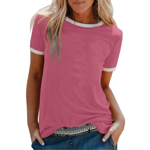 JOASDAO Camisetas de verano para mujer, estilo casual, a rayas, bloques de color, manga corta, cuello redondo, ajustadas, básicas, elegantes, rosa, L