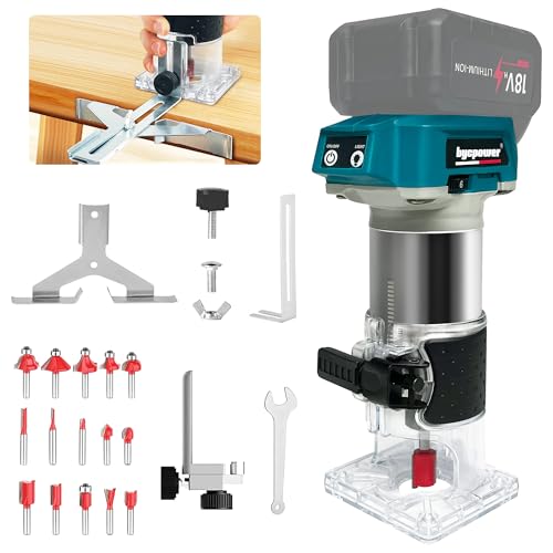bycpower Akku Oberfräse für Makita 18V Akku, 800W Akku-Kantenfräse Set mit 6 Geschwindigkeit, 30000 U/min Bürstenloser Multifunktionsfräse Tragbarer Handfräser mit 15 Stück 1/4' Fräser Set(Ohne Akku)