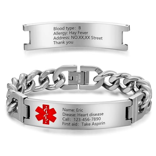 Personalized Emergency Alert Medical Bracelets - Engraved Medic Info Adjustable Bracelet for Men Women Custom Medical Gifts for Him Her Family Custom Stainless Steel Medical Alert ID Bracelet for Men (Silver 9.84)