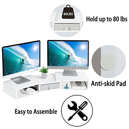 TEAMIX White Dual Monitor Stand Riser with Drawer - Length and Angle Adjustable Double Corner Desk Shelf Organizer 37 inch Long for 2 Laptop/PC/Screen/TV - Thumbnail 3