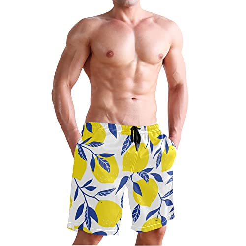 susiyo Yellow Lemon Blue Leaves Men's Beachwear Swim Trunks Quick Dry Bathing Suits with Mesh Lining and Pockets4