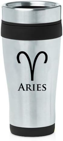 16oz Insulated Stainless Steel Travel Mug Horoscope Zodiac Birth Sign Aries (Black)