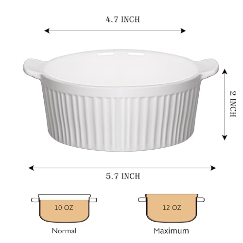 Delling Ramekins with Handle, 6 PACK Soup Bowls for French Onion Soup, Pot Pie, Lava Cakes, Creme Brulee, 12 Oz Porcelain Souffle Dish for Baking, White