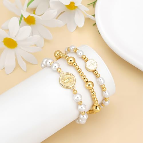 GolbalJew Gold Beaded Bracelets for Women Trendy Non Tarnish Stack Cross Pearl Bracelet Set 14K Gold Plated Catholic Rosary Bracelets Stackable Stretch Jewelry Gifts4