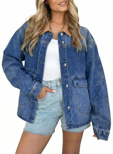 EVALESS Women's Oversized Jean Jacket Button Down Contrast Trim Barn
