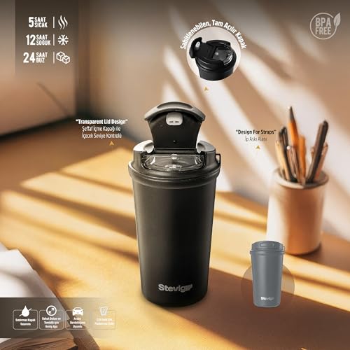 Image of 4 Work Flip Open Coffee Mug | 13 oz | Transparent Lid Design | Double Wall Vacuum Travel Mug | Cup Holder Friendly | Non-Slip Base | Compatible with Lanyard Loop - Black ST-250