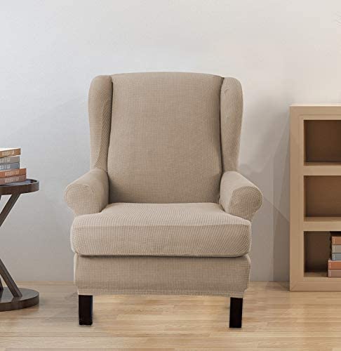 Ebeta Stretch Wingback Chair Sofa Slipcover 2-Piece Stretch Sofa Cover Furniture Protector Couch Soft With Elastic Bottom (New Sand Color) #TOP4