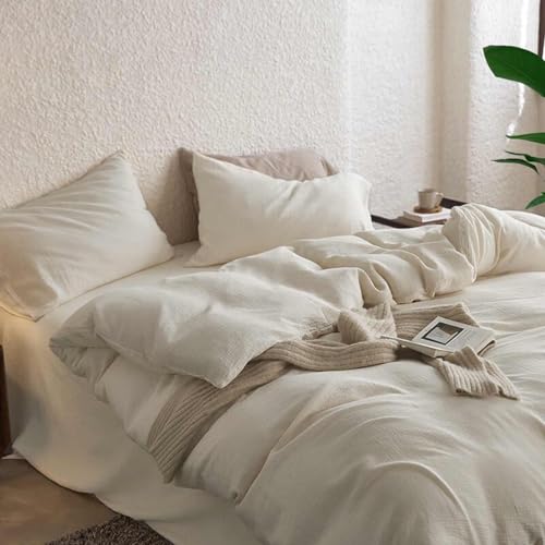 Nanko 100% Cotton Double Layered Gauze Beige Duvet Cover Set Queen Size Linen Like, Luxury Super Soft Chic Bedding Set Breathable Comforter Cover Zip, Modern Farmhouse for Women Men, 3Pcs 90 x90 Cream