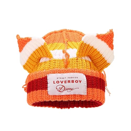 VPTMRP Gestreifte Katzenohr Mütze Niedliche Beaniemütze Thermo Strickmütze Warm Häkelmütze für Herren und Damen (Orange Weiß)