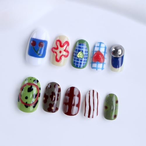 Image of Summer Press on Nails Short Oval Fake Nails Starfish Flower with Design Glossy Full Cover Stick on Nail for Women Manicure 24Pcs
