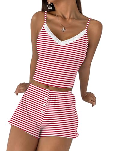 Image of Ekouaer Cami Pajama Sets Y2K 2 Piece Lace Crop Top and Shorts Sexy Pjs Summer Lingerie Sleepwear Nightwear for Women