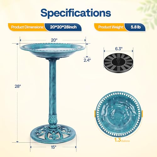 VIVOHOME Bird Bath with Solar Fountain for Outside, Polyresin Pedestal Bird Baths with Solar Powered Pump for Outdoor, Garden, Weather-Resistant Birdbaths with 20" Bowl, Blue by VIVOHOME - Image 8