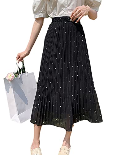 Jupe d'été plissée mousseline de soie à pois noire taille haute femme 40