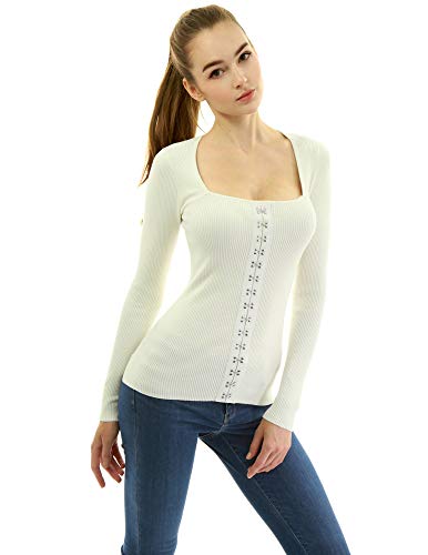 AmélieBoutik Women Square Neck Buckle Embellished Ribbed Sweater2