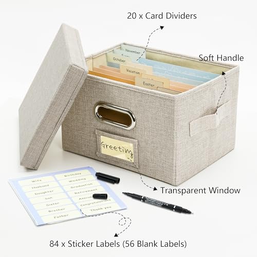Remowith Greeting Card Organizer and Storage Box with 20 Pcs Adjustable Dividers, Storing Cards with 84 Pcs Labels Perfect for Storing Greeting Cards, Envelopes, Photos 1 Pack Beige - Thumbnail 3