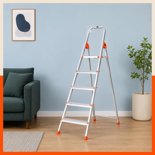Bathla Safex 5-Step Aluminium Ladder for Home | 150 Kg Load Capacity | Anti-Slip Steps | Sure-Hinge Technology | Edge Guards | Foldable Design | 5 Year Warranty